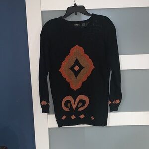 NUX Women's Black and Orange Patterned Sweater